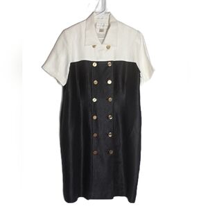 Don Caster Black and White Double Breasted Linen Blend Sheath Dress